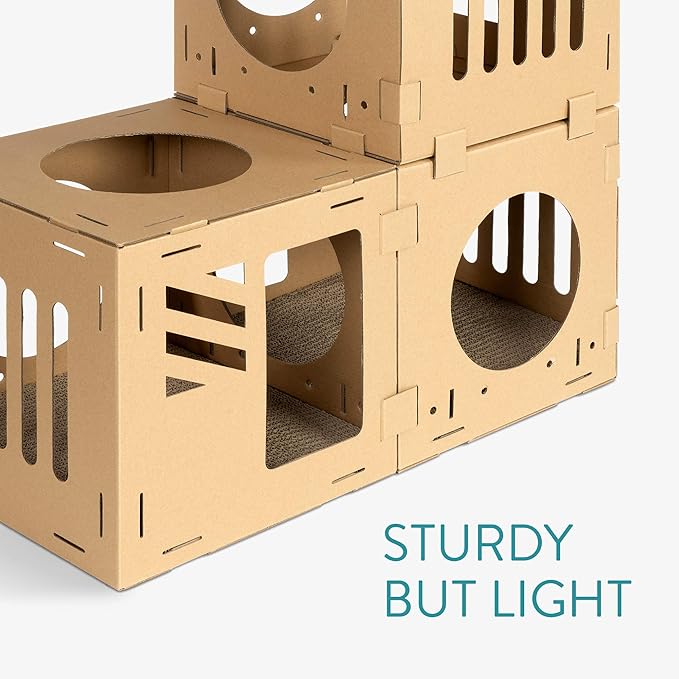Navaris Modular Cardboard Cat House - DIY Corrugated Cardboard Configurable Play Tower Condo for Small Cats, Kittens, Rabbits - 3 Cubes