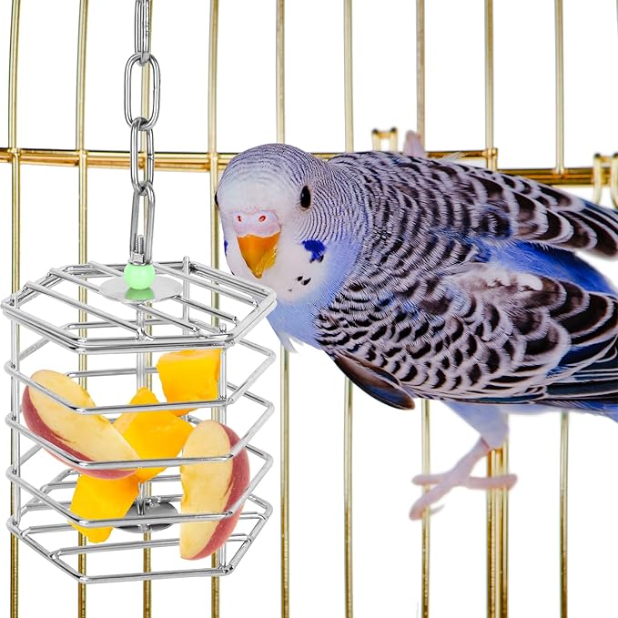 Stainless Steel Bird Suet Feeder Cage with Chain & Bead, Hanging Bird Food Holder Intelligent Feeding Box Millet Treat Holder for Macaw Cockatoo Cockatiel Parrot