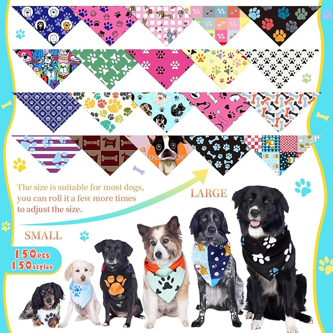 150 Pcs Paw Dog Bandanas Bulk Pet Bibs Colorful Triangle Scarf Pet Paw Bandanas for Medium Large Dogs Spring Summer Birthday Costume Decoration