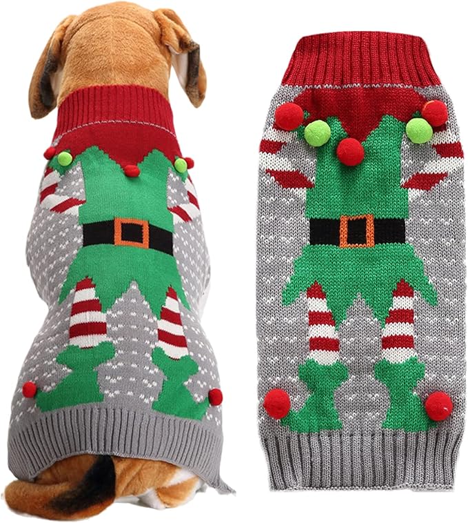 Dog Cat Ugly Christmas Sweater Boy Girl Xmas Pet Clothes Holiday Puppy Costume New Year Gifts for Small Medium Large Dogs Outfits (XL, Grey Elf)
