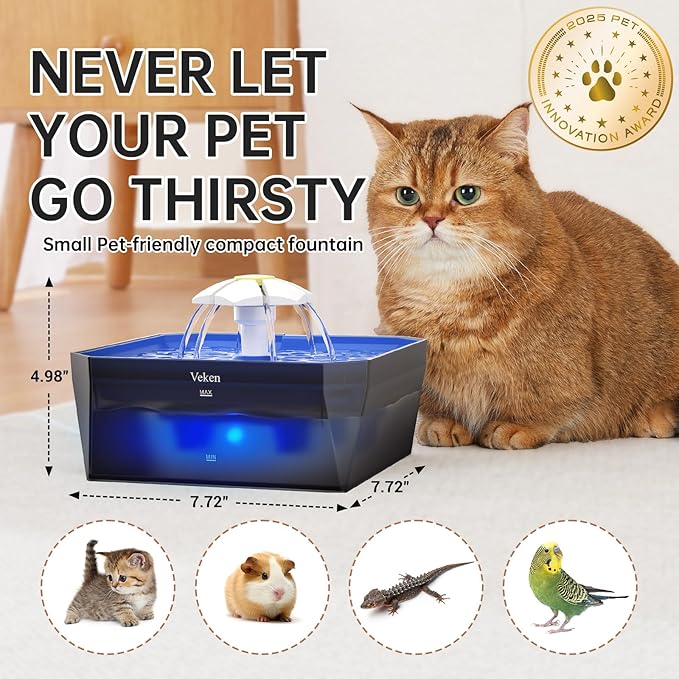 Veken Small Pet-Friendly Cat Water Fountain with Quiet Pump, Easy to Clean & Assemble, 50oz Mini Pet Water Water Dispenser with 4 Replacement Filters & 4 Pre-Filter Sponges, Blue