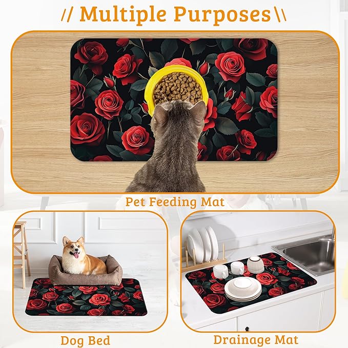 Retro Rose Feeding Mat,Green Leaf Absorbent Quick-Dry Cat Dog Food and Water Bowl Mats,Non-Slip Rubber Backing Mat,Cat Dog Accessories Supplies 12" x 20"