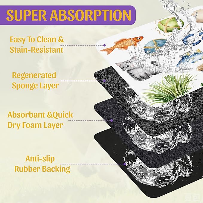 Cat Fun Pet Feeding Mat, Absorbent Bowl Pad for Dogs and Cats, Fast Dry, Non-Slip Back, Indoor Use – 12x20 Inch