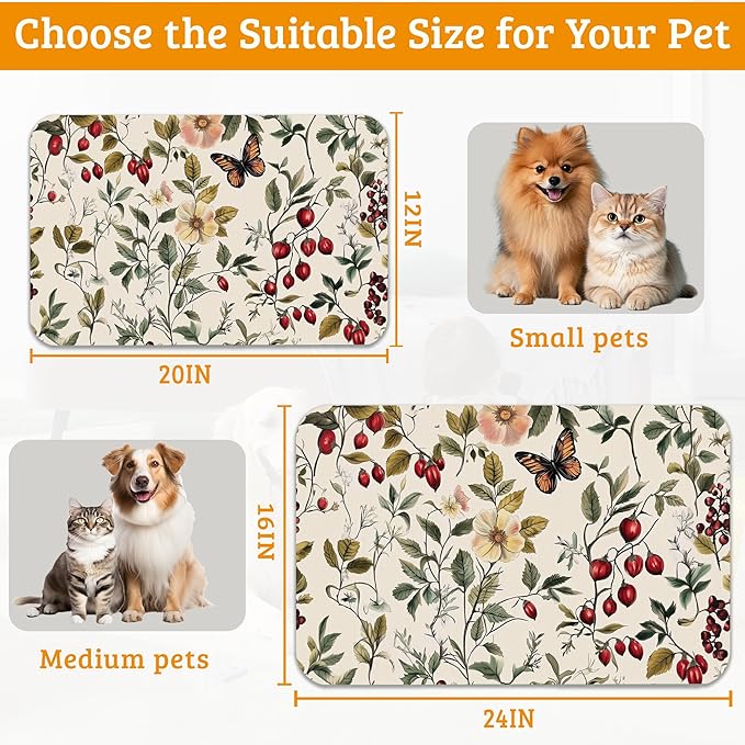 Butterfly Flower Dog Food Mat,Vintage Berry Absorbent Pet Feeding Mat for Food and Water Bowl,Quick Dry Dog Placemat Non Slip Rubber Backing Waterproof Pet Supplies 12" x 20"