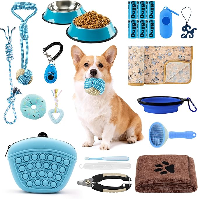 Puppy Supplies Starter Kit – Puppy Essentials and Dog Stuff Set for Small Dogs, Includes Bowls, Toys, Toothbrush, Treat Pouch and More, Welcome Home Gift for Your New Puppies - Blue