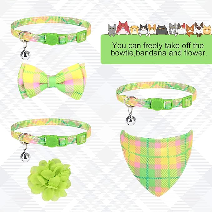 Breakaway Cat Collars with Bell & Cute Pendants - 3 Pack Adjustable Safety Kitten Collars - Decoration for Girl Boy Cats Puppy and Small Pets (Style C - Green Plaid)