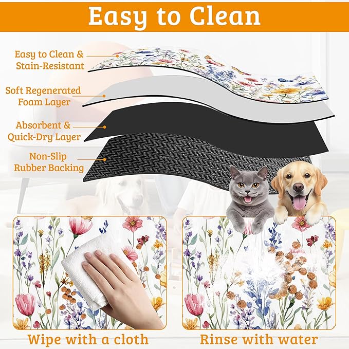 Flowers Butterfly Dog Food Mat,Colorful Absorbent Pet Feeding Mat for Food and Water Bowl,Quick Dry Dog Placemat Non Slip Rubber Backing Waterproof Pet Supplies 12" x 20"