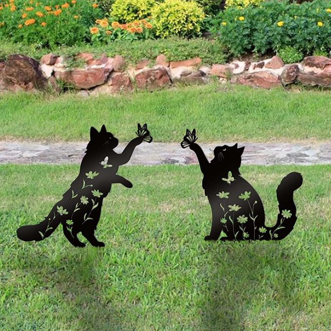 Bnesi Floral Long-Haired Cat Yard Decor Pet Grave Markers Metal Sign Silhouette Garden Ornament Pet Grave Markers Outdoor Cat Memorial Gift Flowerbed Decor (Lively)