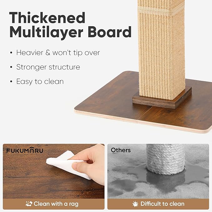 FUKUMARU Cat Scratching Post, Retro-Style Tall Scratch Posts with Perch for Infoor Cats Adults, Large Cat Scratcher Tower with Bed, Natural Sisal & Solid Wood