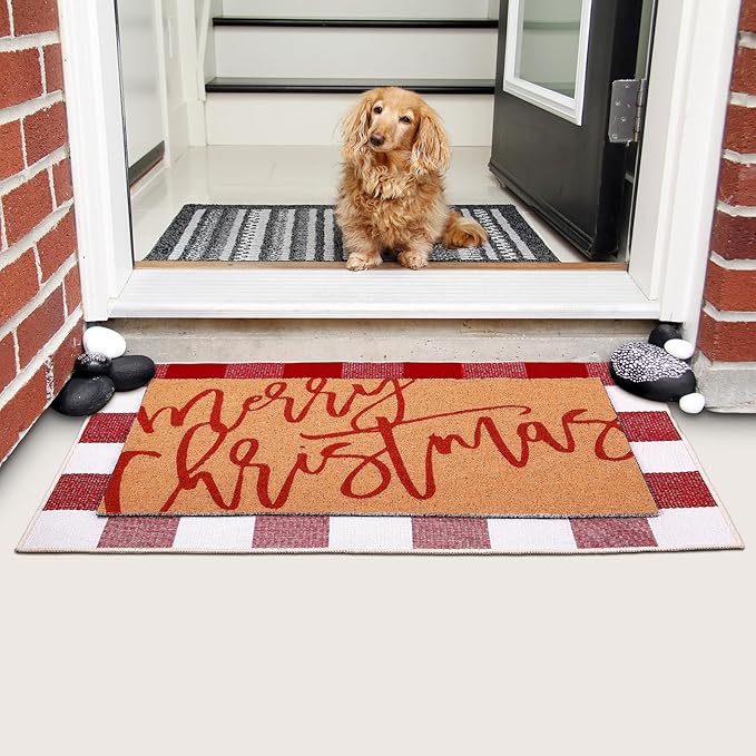 Tinideya 2 Pcs Door Mat Welcome Non Slip Coir Mats Floor Layering Doormats Seasonal for Front Porch Entryway Decor (23.6 x 35.4 Inches, Red White Plaid, Red White)