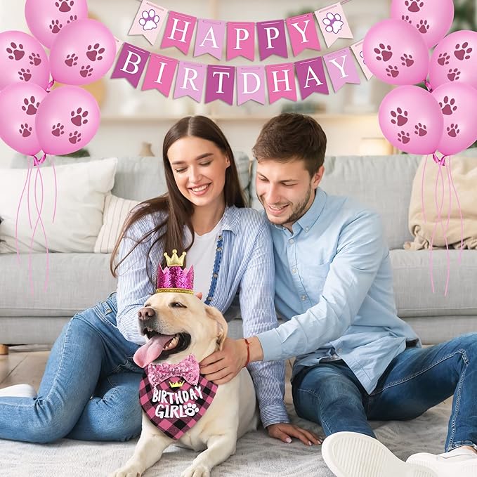 Dog Birthday Party Supplies, Dog Birthday Hat Bandana Scarf with Cute Bow Tie, Flag, Balloons for Small Medium Dogs Pets, Doggie Party Supplies Decorations