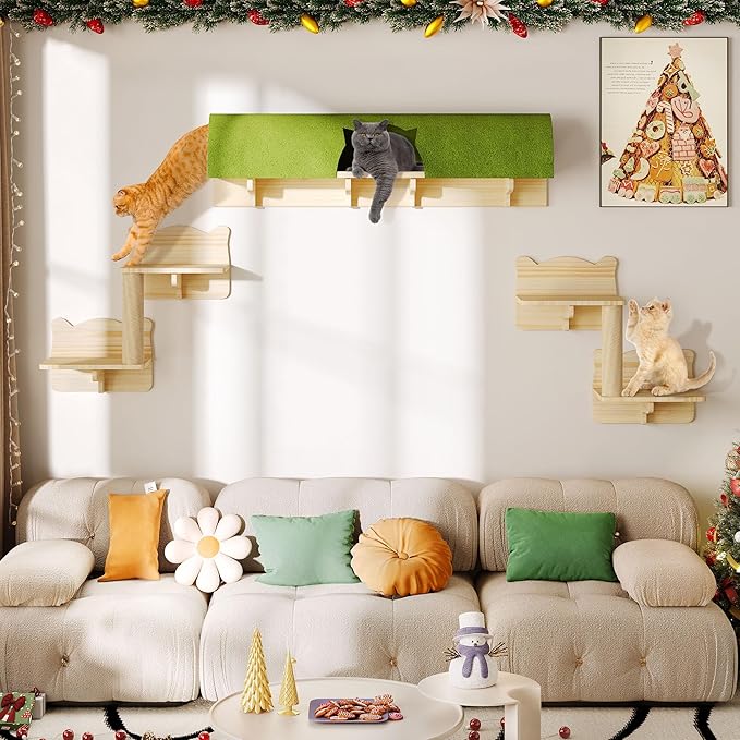 7-in-1 Cat Wall Shelves and Perches, Floating Cat Shelves Set, Solid Wood Wall Cat Furniture(Set of 7), Cats Climbing Shelves with Bed, Steps, Scratching Post and Tunnel