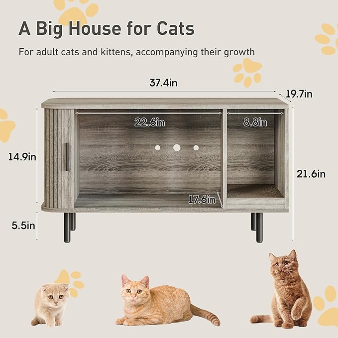 Cat Litter Box Enclosure with Cat Scratch Pad, Sliding Door, 37.4" Litter Box Enclosure Furniture Hidden Litter Box, Modern Indoor Cat House, TV Stand, Side End Table for Living Room, Grey