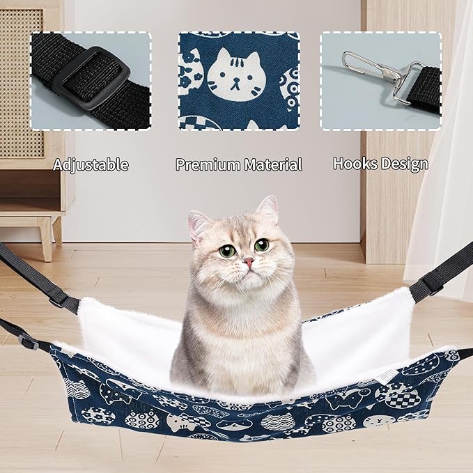 2 Pieces Cat Hammock for Cage Hanging Reversible, Soft Pet Cage Hammock with Adjustable Straps, Double Hammock Suitable for Cats, Puppy, Ferrets, and Small Animals (M, CAT) ﻿