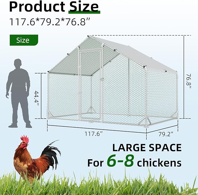4ever2buy Large Metal Chicken Coop with Run Walk-in Poultry Cage Chicken Runs House Pen Cage Spire Roofed Chicken Coops with Anti-Ultraviolet Cover for Outdoor Backyard Farm Use 9.8’L x 6.6’W x 6.4’H