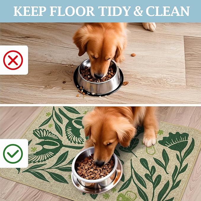SHIYUE Dog Food Mats for Floors, Absorbent Cat Bowl for Food and Water, Non-Slip Accessories Pet Supplies(17"x30",Green Flower Bird)