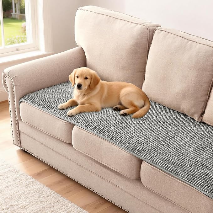 H.VERSAILTEX Plush Chenille Couch Cover for 3 Cushion Couch Anti Slip Washable Sofa Slipcovers Soft and Durable Furniture Protector for Dogs Cats Kids (27.5" x 82", Dove)