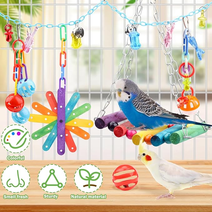 9 Pcs Parakeet Cockatiel Bird Toys, Parrots Cage Accessories Swing Rope Hanging Wooden Perch Chewing Toy for Budgerigar, Parrot, Cockatiel