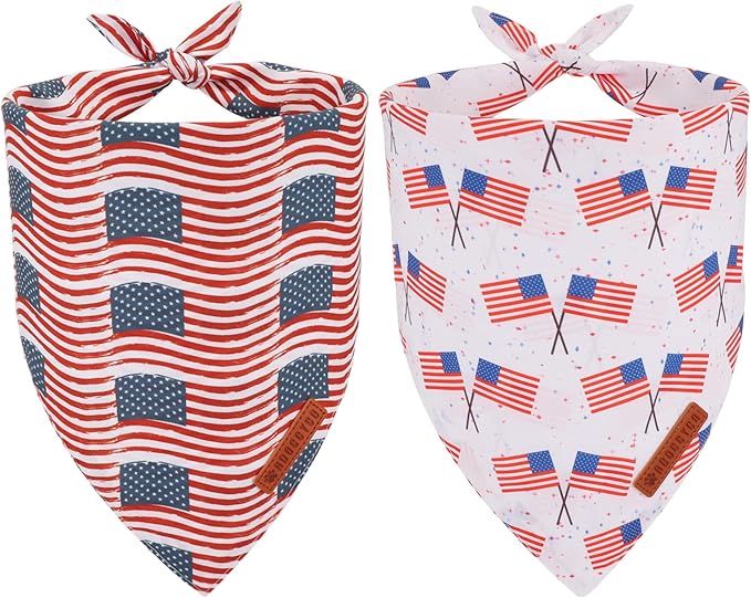ADOGGYGO American Flag Dog Bandana 2 Pack, Reversible White Red USA Flag Pet Scarf Bib, Adjustable Fit 4th of July Bandanas for Medium Large Dogs Pets (Large)
