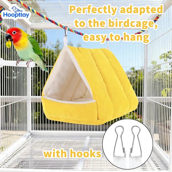 Winter Warm Bird Bed for Cage with Soft Plush Hanging Hammock & Hut Tent, Hideaway Sleeping Nest for Budgies, Cockatiels, Small Animals, and Guinea Pig Hideouts (Yellow, S)