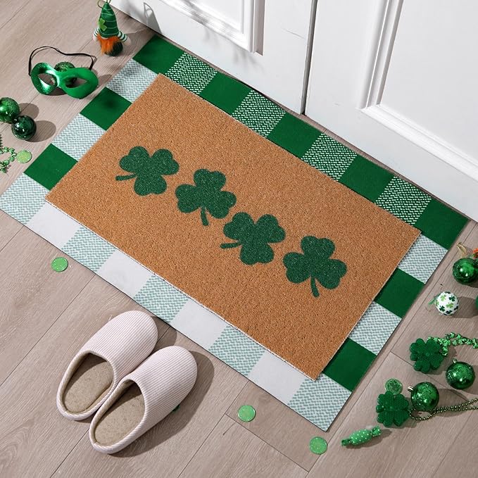Tinideya 2 Pcs St. Patrick's Day Door Mat Shamrock Welcome Non Slip Green and White Coir Mats Floor Layering Doormats Seasonal for Front Porch Entryway Decor(Green White, St. Patrick's Day)