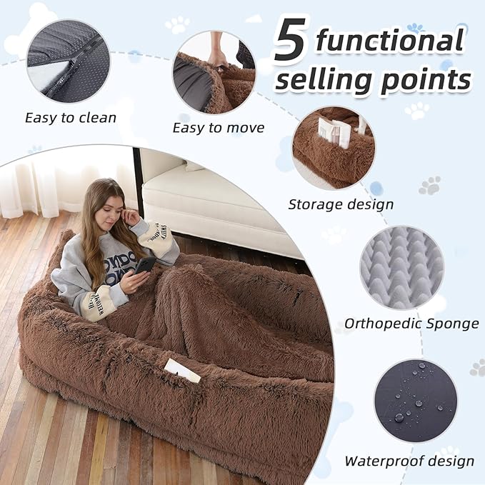 Human Dog Bed, 71''x45''x12'' Size Fits You and Pets, Washable Faux Fur Pet Bed for People Doze Off, Napping Orthopedic Dog Bed, Present Plump Pillow, Blanket, Strap - Coffee