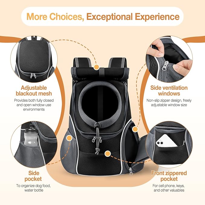 YUDODO Dog Front Carrier Backpack with Sunshade Hood, 2 Head-Out (Front & Side) Breathable Pet Carrier for Small Dog, Ventilated Doggy Backpack for Hiking Outdoor (Upgraded – Black, L)