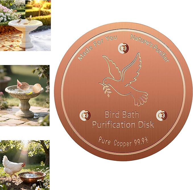 Copper Disk for birdbath, Chicken,Dogs & Cats Water Feeder, 99.9% Pure Copper Disk, Physical Safe Clean Water, Universal Fit for Outdoor Birdbaths, Pets Water Bowls,Year-Round Use (1 Pcs)