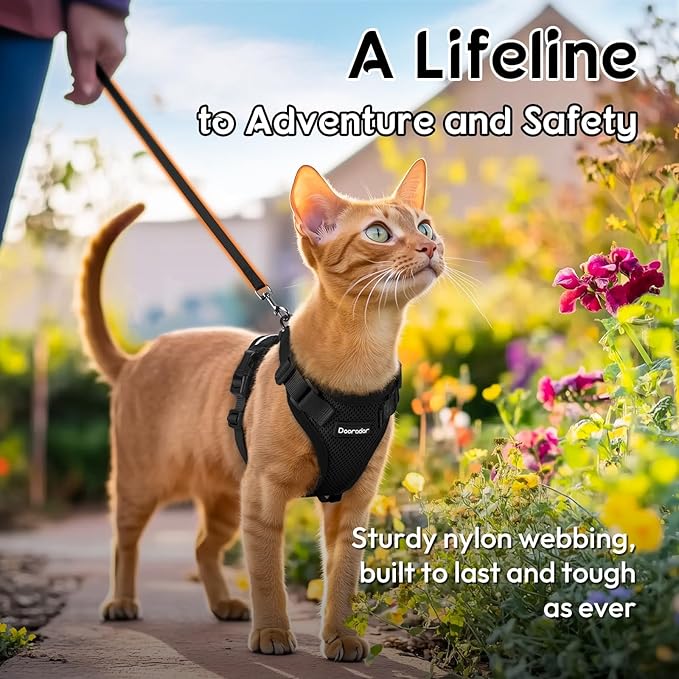 Dooradar Cat Harness and Leash Set, Escape Proof Safe Adjustable Kitten Vest Harnesses for Walking, Easy Control Soft Breathable Mesh Jacket with Reflective Strips for Cats, Black, M