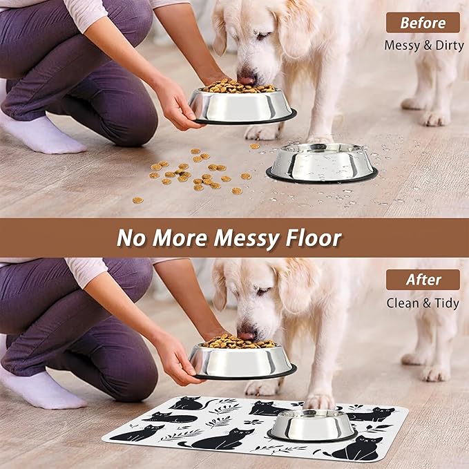 Cute Black Flower Dog Cat Food Mat,Absorbent Pet Feeding Mat with Rubber Backing,Non-Slip Water Bowl Placemat,Indoor Pet Accessories Supplies 16"x24"