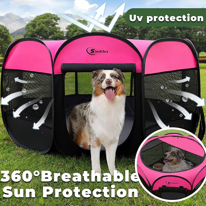 Dog Cat Playpen, Large Puppy Pet Playpen, Dog Crate Tent Cage Indoor/Outdoor, Portable Pop Up Dogs Kennel Playpen with Carrying Case for Dogs/Cats/Rabbits, Hot Pink