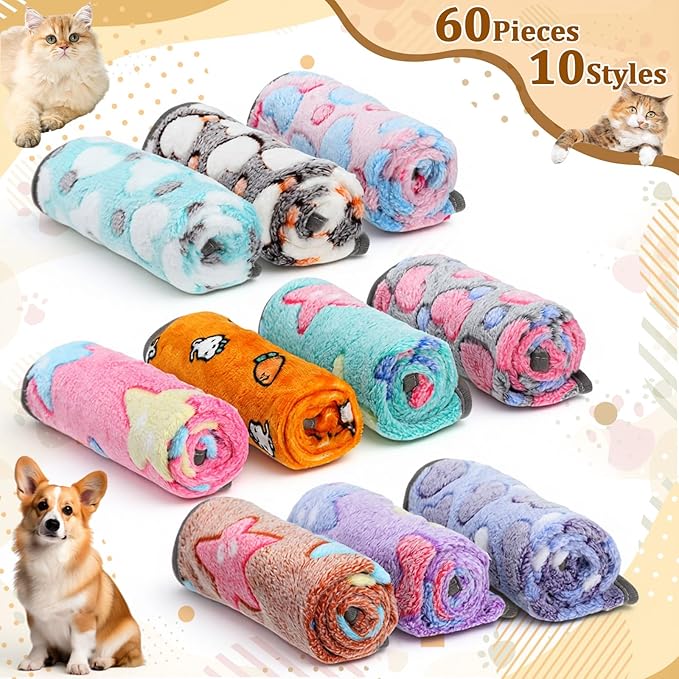 60 Pcs Puppy Blanket Bulk Soft Fluffy Flannel Pets Fleece Blankets for Small Dogs Throw Warm Bed Washable Sleep Mat Bed for Shelter Stray Dog Puppy Cat, 16x24 Inches