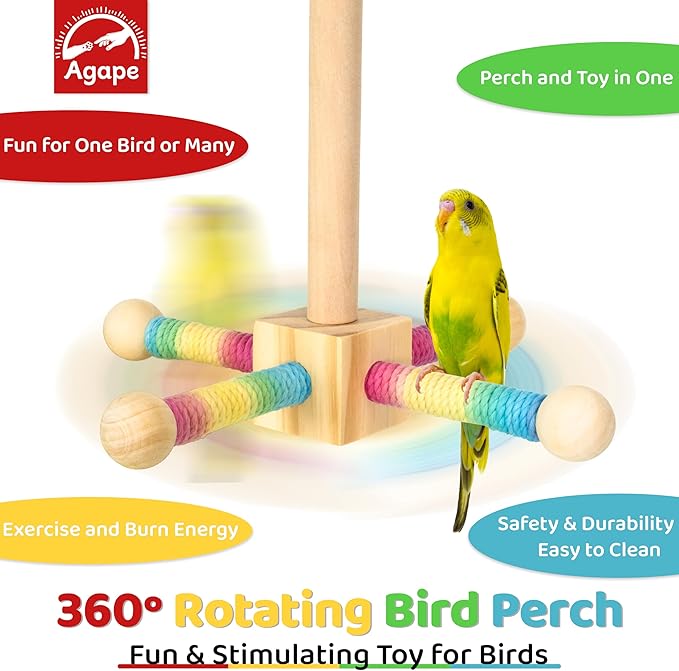 Agape Bird Toy, Parrot 360° Interactive Rotating Perch, Bird Cage Accessories for Small and Medium Parrots to Expend Energy, Wooden Stand for Parakeets Cockatiels Lovebirds Conures Finches Budgies