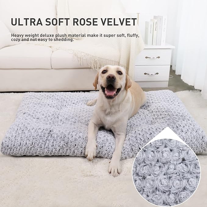 KSIIA Washable Dog Bed Deluxe Plush Dog Crate Pad Comfy Pet Bed Non-Slip Kennel Pad for Extra Large Dogs, 44" x 32", Grey