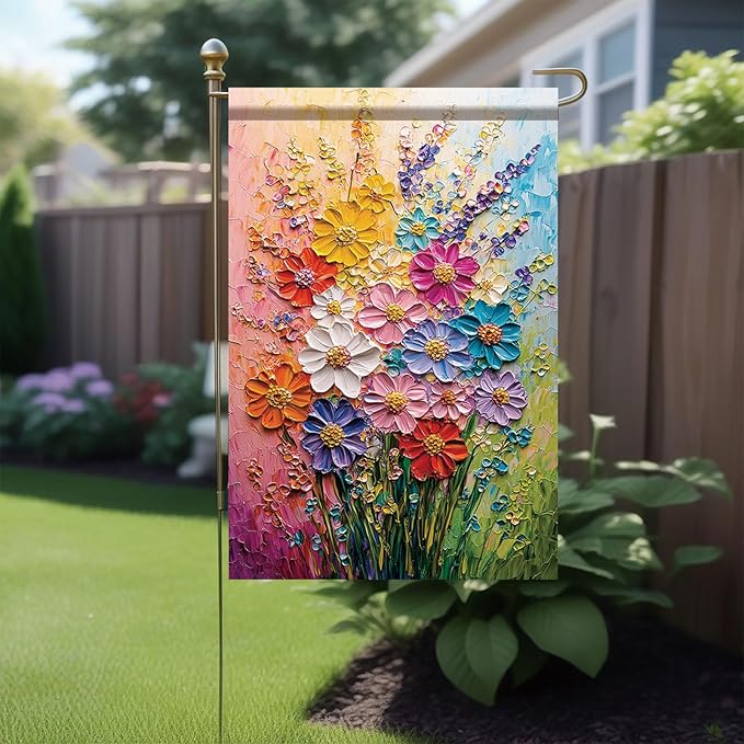 12x18 Inch Spring Garden Flag Colorful Flower Oil Painting Style Yard Banner Artistic Textured Floral Design Double Sided Outdoor Decoration for Lawn Patio Home Seasonal Garden Flag