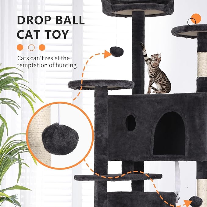 70 Inch Dark Gray Cat Tree, Tall Cat Tower with 2 Condos, 3 Scratching Posts, Multi-Level Platforms - Sturdy Climbing Structure Tall Cat Tower for Indoor Cats