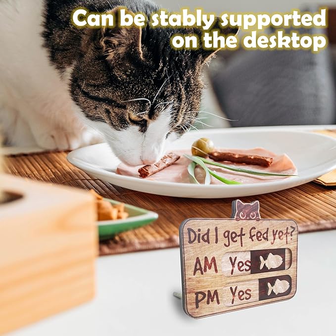 Cat Feeding Tracker-AM PM 2-Meal Wooden Fridge Magnets - Cat Feeding Reminder(3.5'' x 5.4'') with Stand - Did I Get Fed Yet-Pet Accessories to Track & Prevent Overfeeding or Underfeeding of Pets-A03
