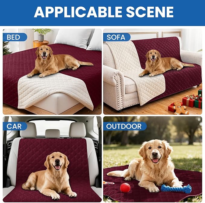 Waterproof Dog Bed Cover, Non-Slip Dog Blanket for Couch, Couch Covers for Dogs Washable, Pet Blanket for Furniture, Pet Bed Mat for Sofa, Car, Pet Supplies Christmas (82x102 Inch, Burgundy)