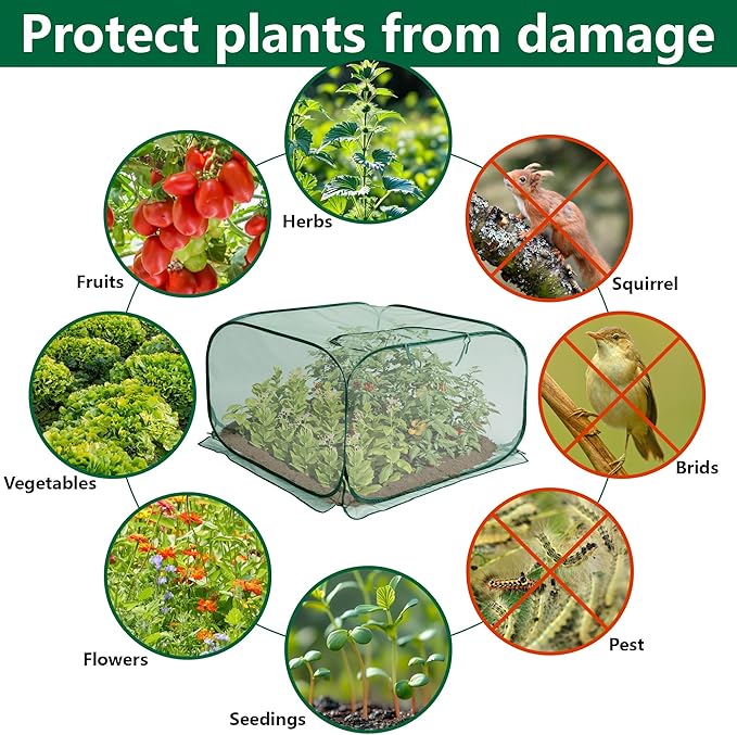 35" x 35" x 27.5" Pop Up Mesh Plant Cover, Foldable Plant Protector Mesh Plant Enclosure, Garden Net Cage Guard Cover with 4 Ground Stakes for Protecting Plant Vegetable Fruit from Birds Insects