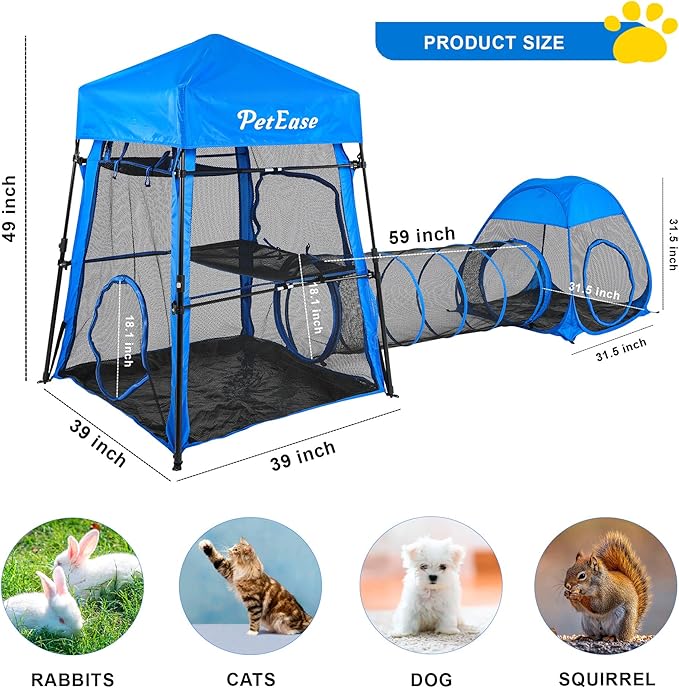 Catio Outdoor Cat Enclosure, 3-in-1 Extra Large Portable Cat Playpen with Tower Tent & Tunnel, Foldable Waterproof Mesh Catio for Indoor Outdoor Cats & Small Pets