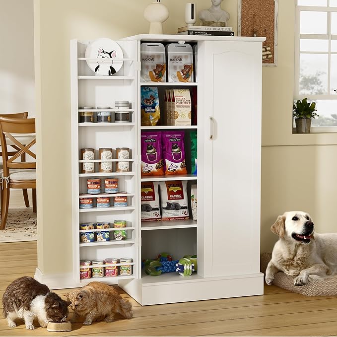 47" Dog Food Storage Cabinet with Doors and Adjustable Shelves, Freestanding Pet Storage Container Organizer for Living Room and Dinning Room, White