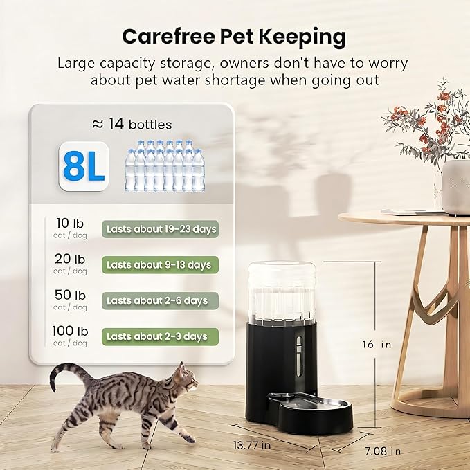 CZPET Dog Water Bowl Dispenser with Filter, Automatic Dog and Cat Water Dispenser with Stainless Steel Bowl, Gravity Waterer, Large Capacity, and Quiet Drinking Area for Pets (8L+Filter,Black)