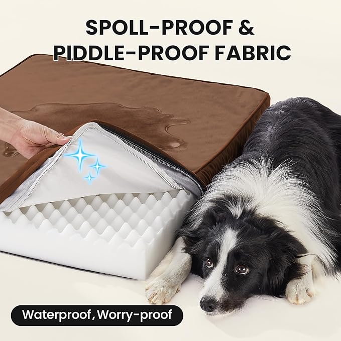 OhGeni Orthopedic Waterproof Dog Bed for Medium Large Dogs, Machine-Washable Removable Cover in Easy-Clean Fabric, High Density Foam & Easy-Carry Handle, Wider and Larger, 36 inch (Brown)