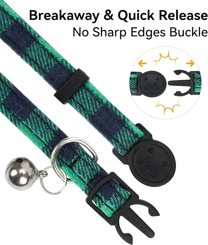Joytale Upgraded Cat Collar with Bells, Breakaway Cat Collars with Bow Tie, 1 Pack Girl Boy Safety Plaid Kitten Collars, Green
