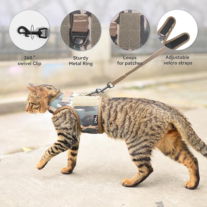 Tactical Kitty Harness and Leash for Walking Escape Proof Breathable Mesh Fabric, Green Jungle Camo, X-Small, Adjustable Cat Walking Jackets, Padded Stylish Cat Vest