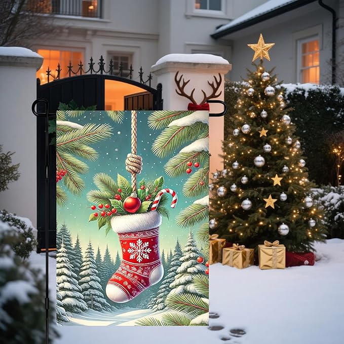 Christmas Garden Flag Christmas Stocking Garden Flag Snowflake Holiday Gardens Flags 12x18 Inch Double Sided Outdoor Decoration for Festive Season Yard Porch Lawn Display