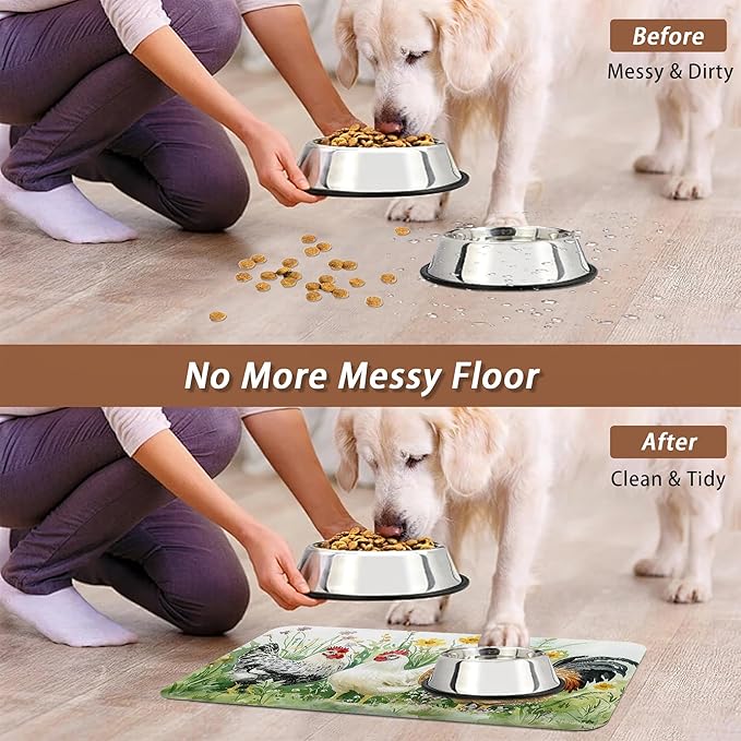 Chicken Rooster Dog Food Mat for Floors,Farm FlowerAbsorbent Pet Food and Water Bowl Mats,Non-Slip Pet Feeding Mat,Pet Supplies 16" x 24"