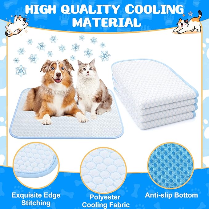 Chunful 4 Pack Pet Cooling Mat 18 x 14 Inches Cooling Pads for Cats Summer Ice Silk Self-Cooling Pet Mat Portable Washable Non-Skid Dogs Blanket Pad for Small Dogs Puppy and Cats up to 10 Lbs