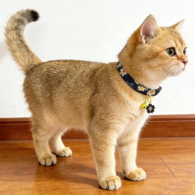 2 Pack Cotton Breakaway Cat Collars Set with Bell and Flower Pendant, Cute Floral Fruit Patterned, Adjustable 7.5-11Inch, Include A Mouse Toy Gift (Yellow+Navy Flower)