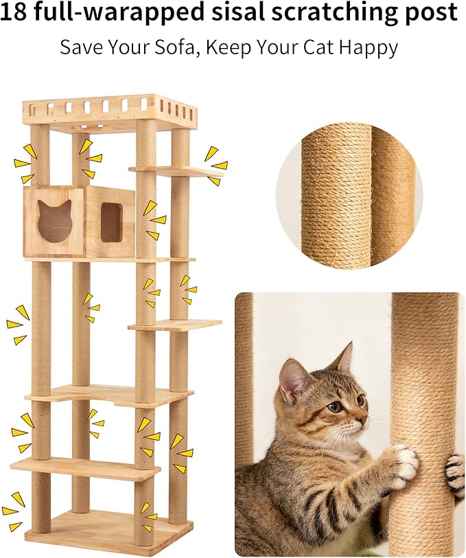 74" Wooden Cat Tree Tower for Large Cats, Multi-Level Cat Climbing Furniture with Scratching Posts, Cat Condo & Hammock, Natural Wood Cat Activity Center(Brown)